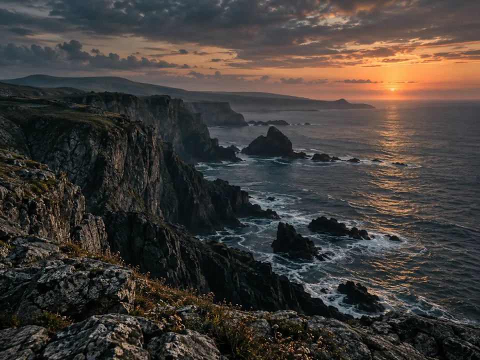 Soft evening light settling over a quiet, rocky coastline.
